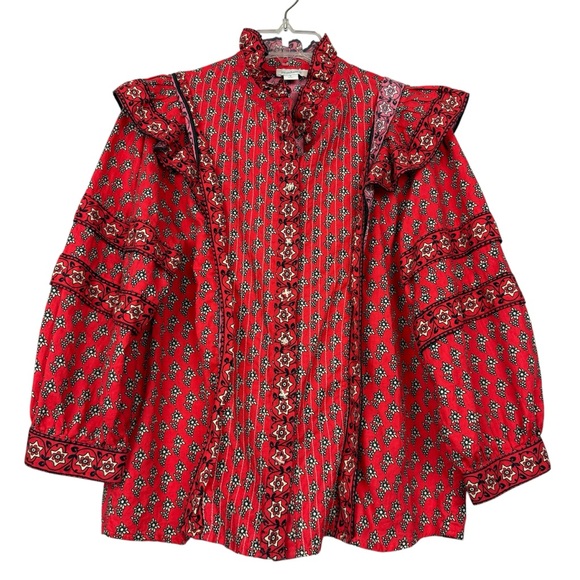 Sundance Rare Boho Floral Printed Ruffle Button Blouse - Picture 1 of 5